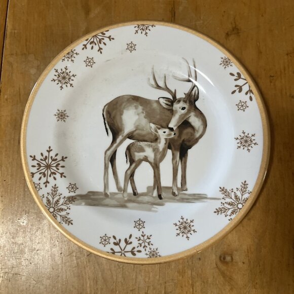 Jaclyn smith melamine 2 Plates Winter Christmas Deer Buck Baby Gold White VNTG - Picture 2 of 4